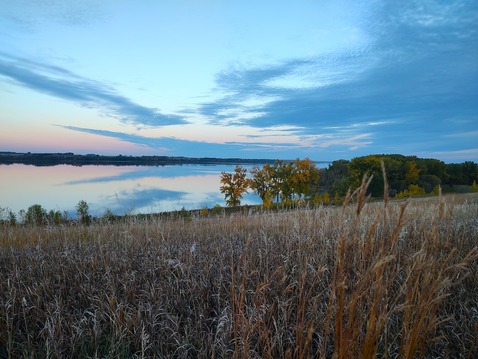 A prairie stretches to a calm lake with yellow trees in the distance. 