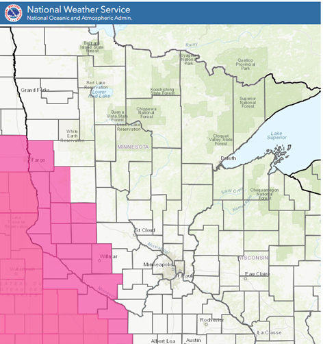 Map of Red flag counties in Minnesota 