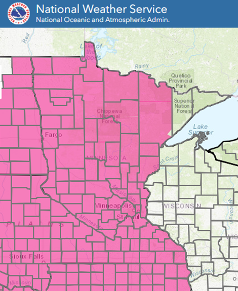 Map of Red flag counties in Minnesota