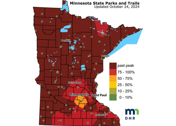 The Fall Color Finder Map shows nearly the entire map is past peak. A small portion of south central MN and the metro linger at 75%