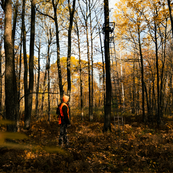 hunter in blaze orange by a ladder stand