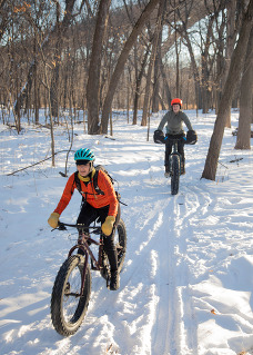 Two people fat bike through a snowy forest. 