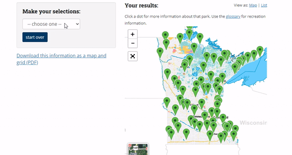 GIF shows how to filter ParkFinder by winter recreation and select a park. 