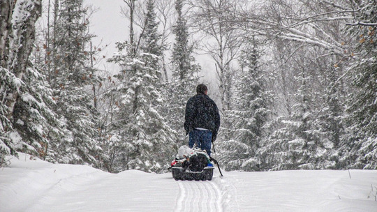 A person pulls a sled of camping gear through the snow on a path in the woods. 