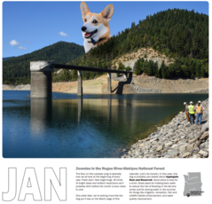 Giant Corgi dog overlooking a reservoir and dam