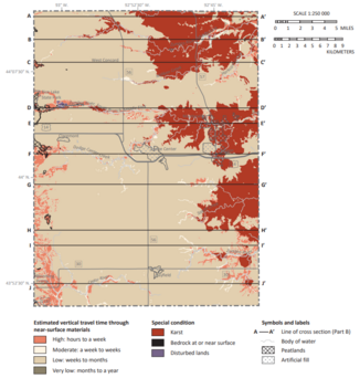 Map showing much of Eastern Dodge with karst areas