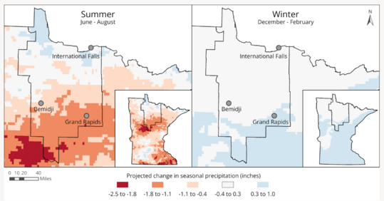 Maps showing changes in precipitation in central northern Minnesota - less during winter and more during summer