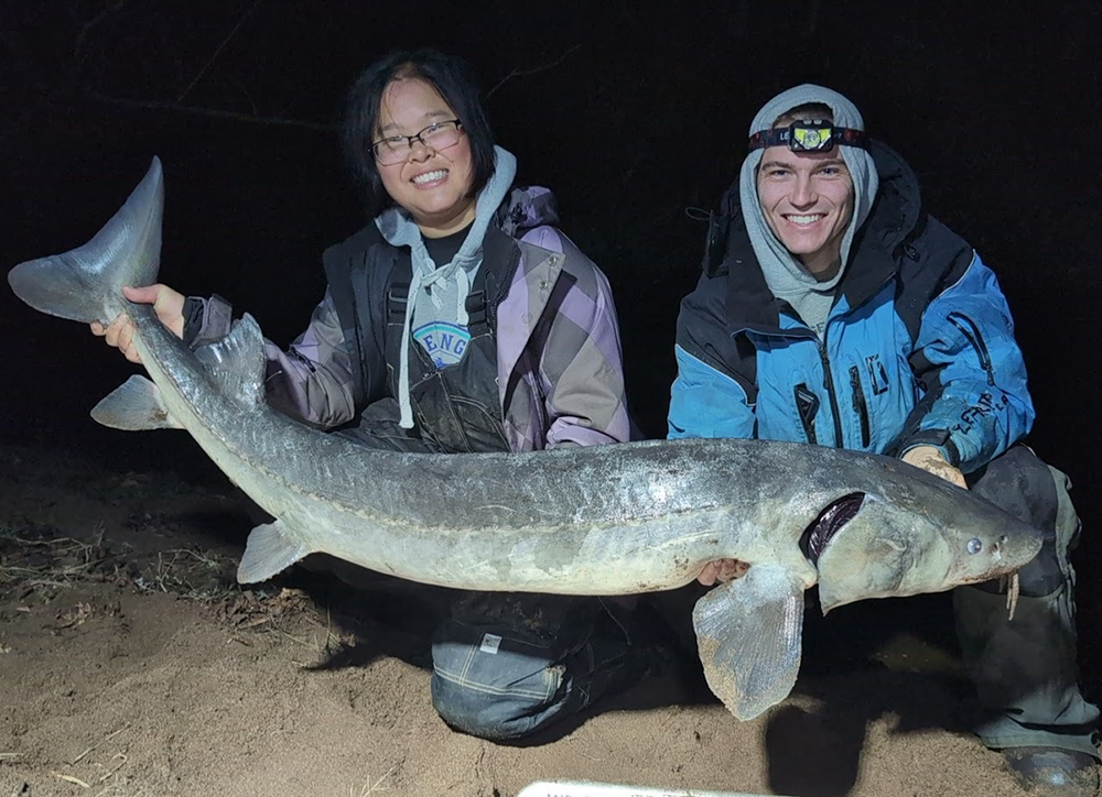 two anglers with a large sturgeon they're holding on the ice