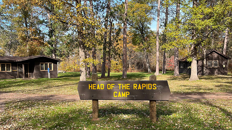 A group of cabins is nestled in a grassy area surrounded by forest. 