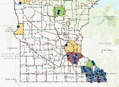 map of CWD positives showing roughly the southern half of Minnesota