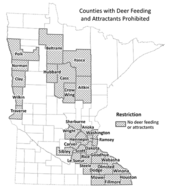 map of Minnesota 32 counties included in the deer feeding and attractant ban