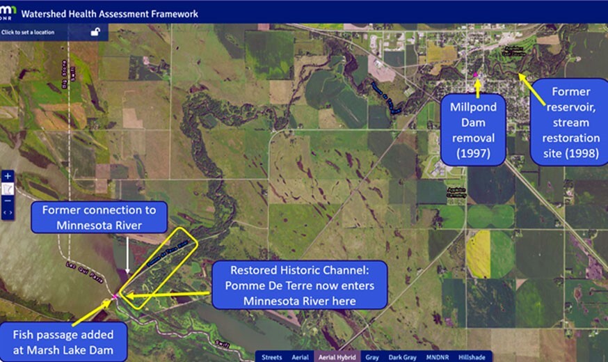 Aerial image of actions taken to reconnect the Pomme de Terre river to the Minnesota River