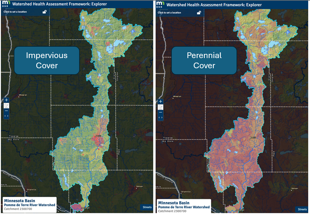 Pomme de Terre catchment health scores for impervious and perennial cover