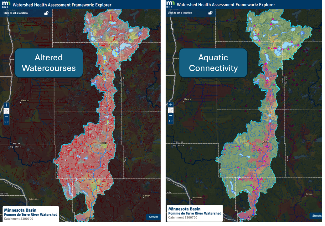 catchment scores for altered watercourses and aquatic connectivity in the pomme de terre watershed