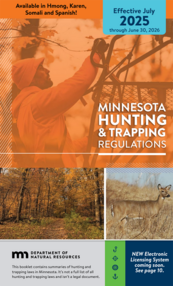 2025 hunting regulations cover, DNR logo, hunter getting into a tree stand, doe, fall scene, effective July '25-June '26