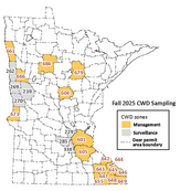 Fall '25 CWD sampling CWD zones, management, surveillance, DPA boundaries and showing all the DPA numbers of CWD zones