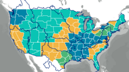 US map showing areas in teal that now have Flood Inundation Mapping available as of September 2025, including the south half of Minnesota