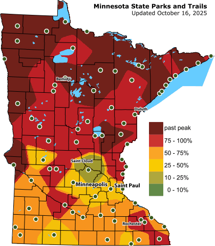 Fall Color Finder map shows northern MN is past peak. Central and southern MN is at about 50%