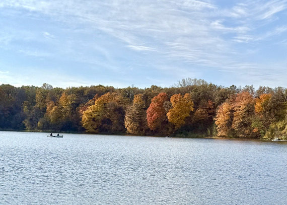 A two people in a canoe paddle alone a shoreline full of bright orange and red trees. 