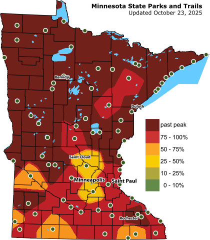 Fall Color Finder map shows northern MN is past peak. Southern MN is peak color. 