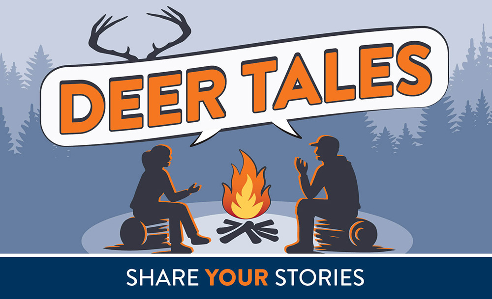 Deer Tales with cartoon image of people sitting at a camp fire sharing stories