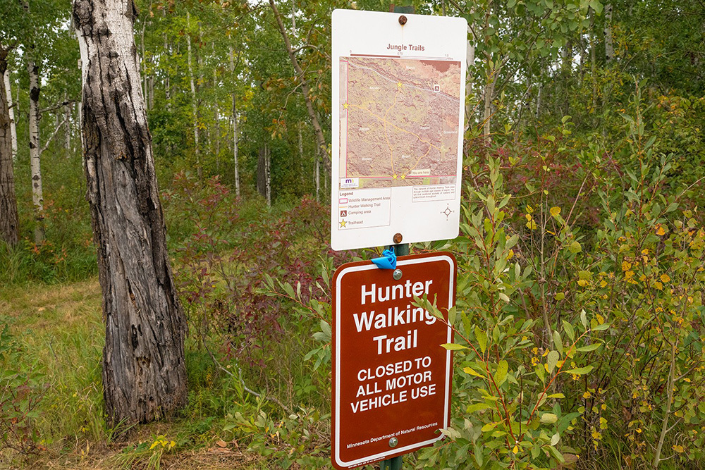 Hunter Walking Trail sign, closed to all motor vehicle use, map of the Jungle Trails HWT