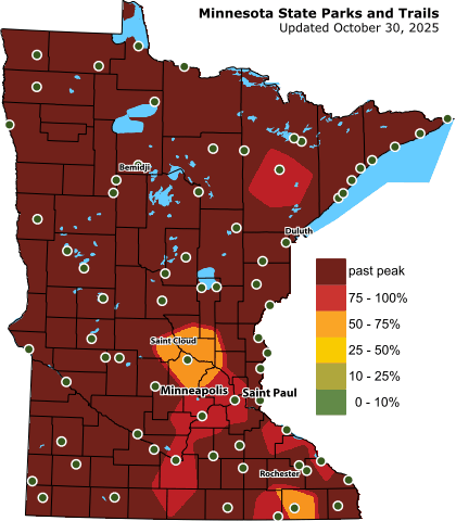 Fall Color Finder map shows most of MN past peak. A few spots in SE MN are at peak.