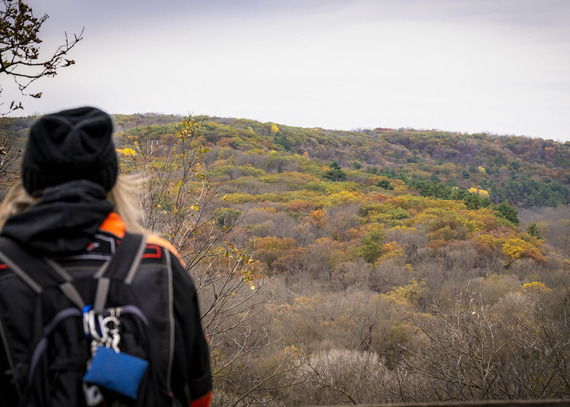 A person looks out over the bluffs on a fall day.