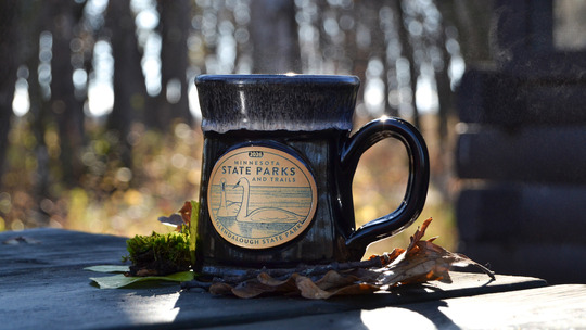 A black coffee mug with white rim reads 'Glendalough State Park' with two swans.