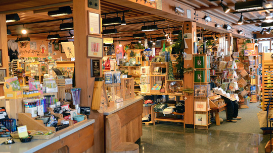 A Nature Store gift shop is bright and full of knickknacks and items for purchase.