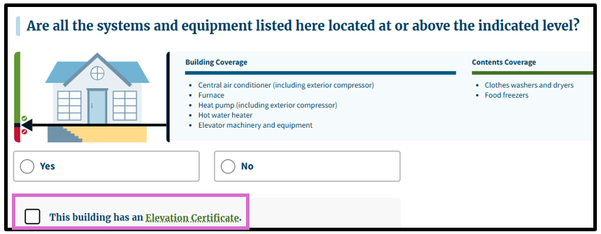 Clip of FEMA quoting tool step where it asks whether you have an Elevation Certificate