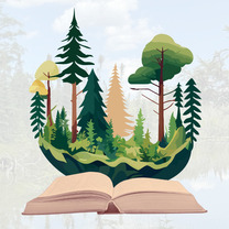 A graphic of an open book. Growing out of the book is a stand of pine trees. 