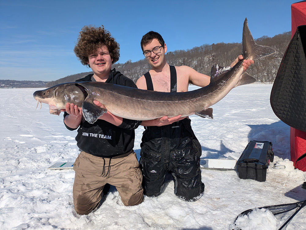 two anglers holding a lake sturgeon caught ice fishing on the St. Croix River