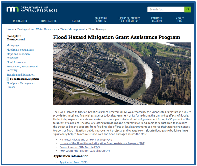Screenshot of Flood Hazard Mitigation Grant program website