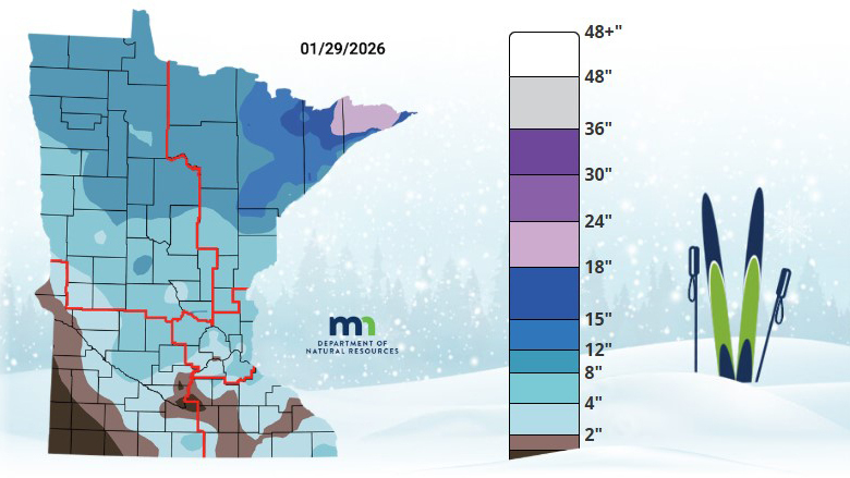 Snow depth map of Minnesota shows most of the state with 4-8" of snow.