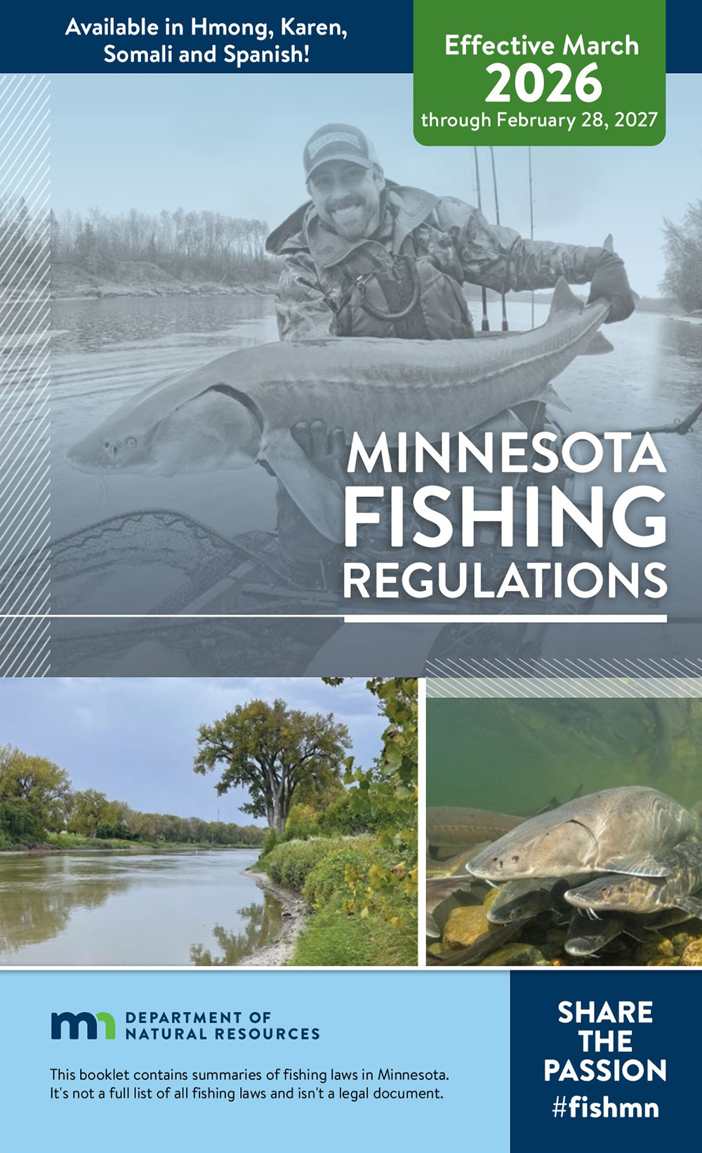 Cover of the 2026 fishing regulations book with photos of a sturgeon and angler, sturgeon and river this year