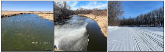 Three photos - Left shows open water, center shows some ice and right shows covered with snow