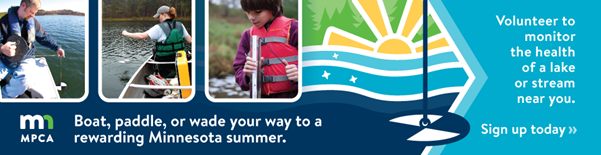Graphic says "Volunteer to monitor the health of a lake or stream near you - sign up today" with photos of volunteers doing water measurements