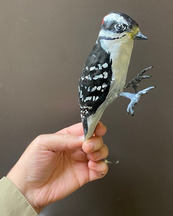 A hand holds up a Papier-mâché woodpecker. 