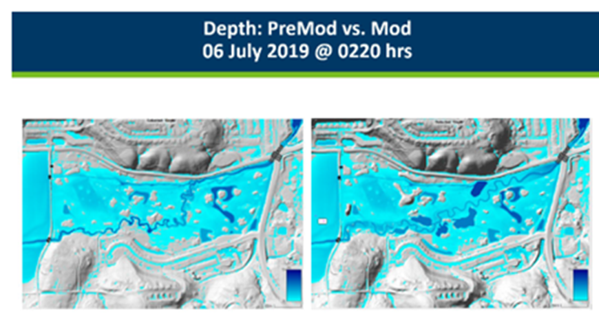 Clip of comparison video shows top view simulation of "before" with straightened channel and "after" with natural meanders