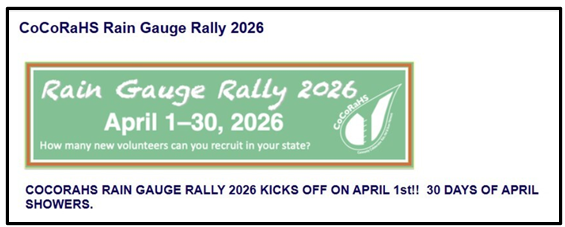 Rain Gauge Rally 2026 - April 1-30, 2026 - How many new volunteers can you recruit in your state? with CoCoRaHS logo
