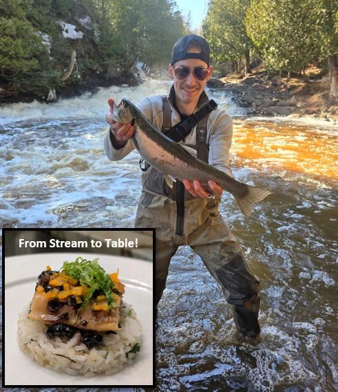 Happy angler holding a clipped Superior strain steelhead and a picture of how the fish was prepared for dinner