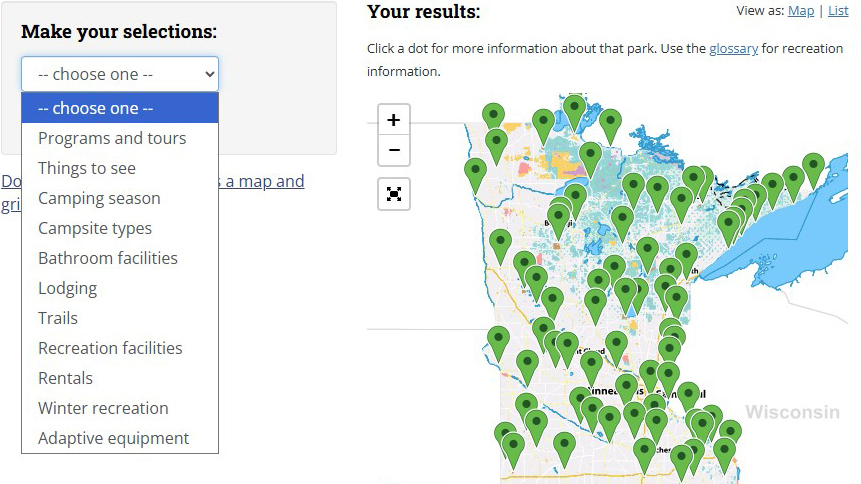 Minnesota ParkFinder map shows green dots marking all the locations of parks across the state. 