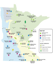 Map of camper cabin locations in state parks in Minnesota. 