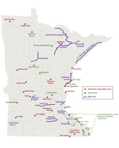 Map of horseback riding opportunities in state parks, forests and trails in Minnesota. 
