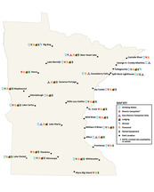 Map of winter camping, lodging, and amenities in state parks in Minnesota. 