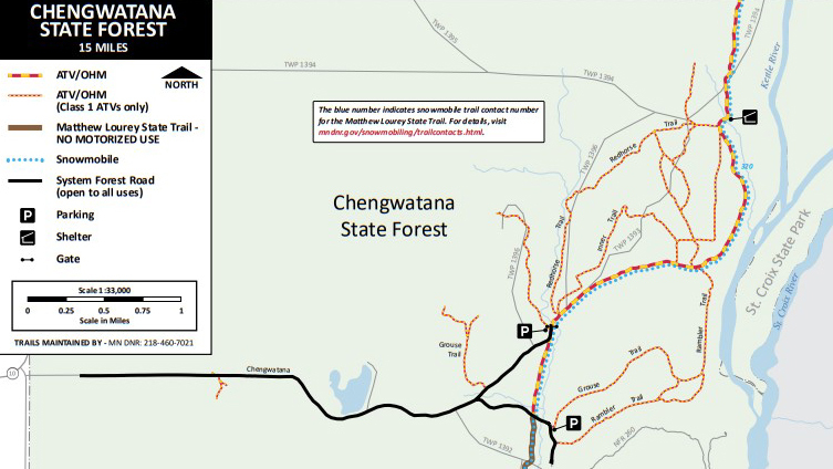OHV trail riding map of Chengwatana State Forest. 