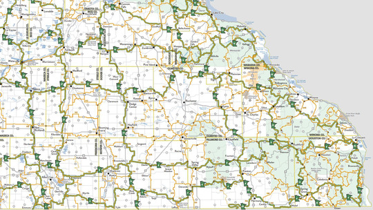 A map of the snowmobile trails in southeast Minnesota. 
