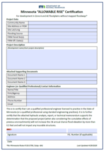 Screen shot of Allowable Rise certification form