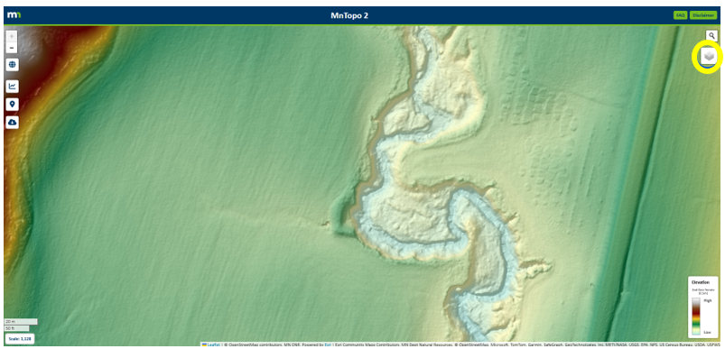 Example of MnTopo 2 opening screen - see layers panel icon in upper right